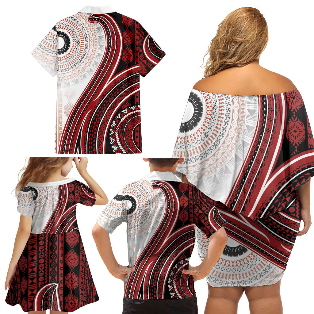 Bula Fiji Vintage Tapa Family Matching Off Shoulder Short Dress and Hawaiian Shirt Kaivity Masi Wave Motifs - Red