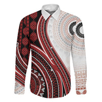 Bula Fiji Vintage Tapa Family Matching Short Sleeve Bodycon Dress and Hawaiian Shirt Kaivity Masi Wave Motifs - Red