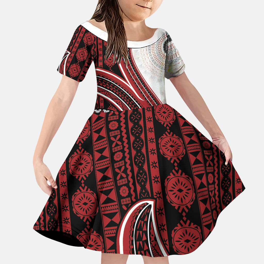 Bula Fiji Vintage Tapa Family Matching Summer Maxi Dress and Hawaiian Shirt Kaivity Masi Wave Motifs - Red