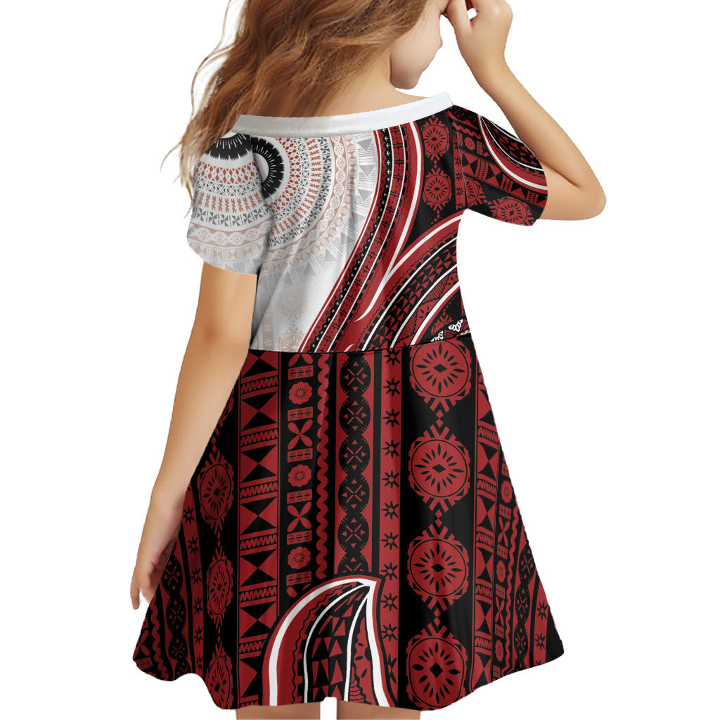 Bula Fiji Vintage Tapa Family Matching Summer Maxi Dress and Hawaiian Shirt Kaivity Masi Wave Motifs - Red