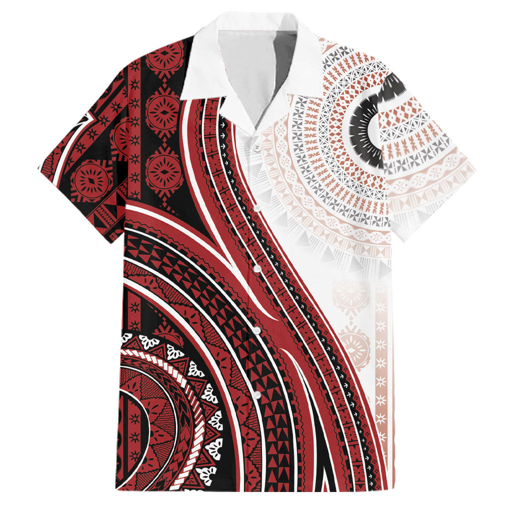 Bula Fiji Vintage Tapa Family Matching Summer Maxi Dress and Hawaiian Shirt Kaivity Masi Wave Motifs - Red