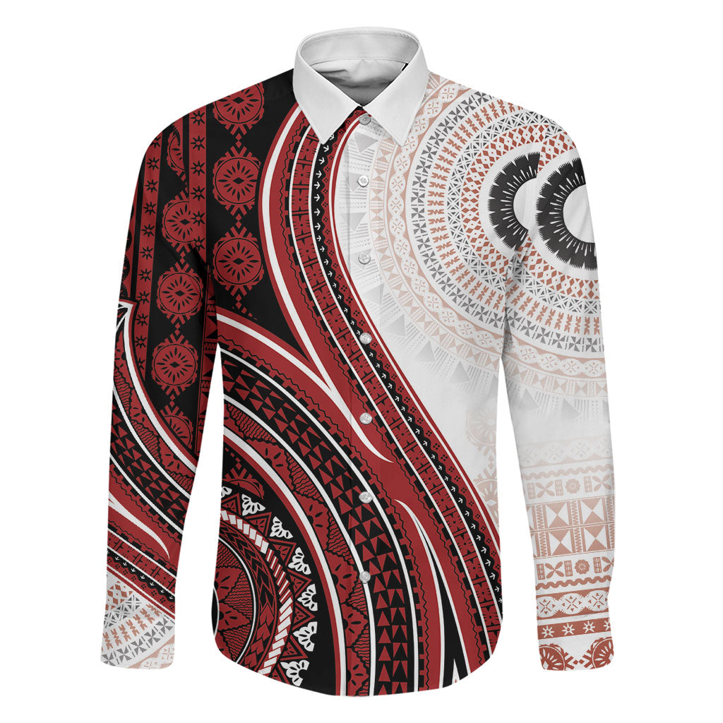 Bula Fiji Vintage Tapa Family Matching Summer Maxi Dress and Hawaiian Shirt Kaivity Masi Wave Motifs - Red