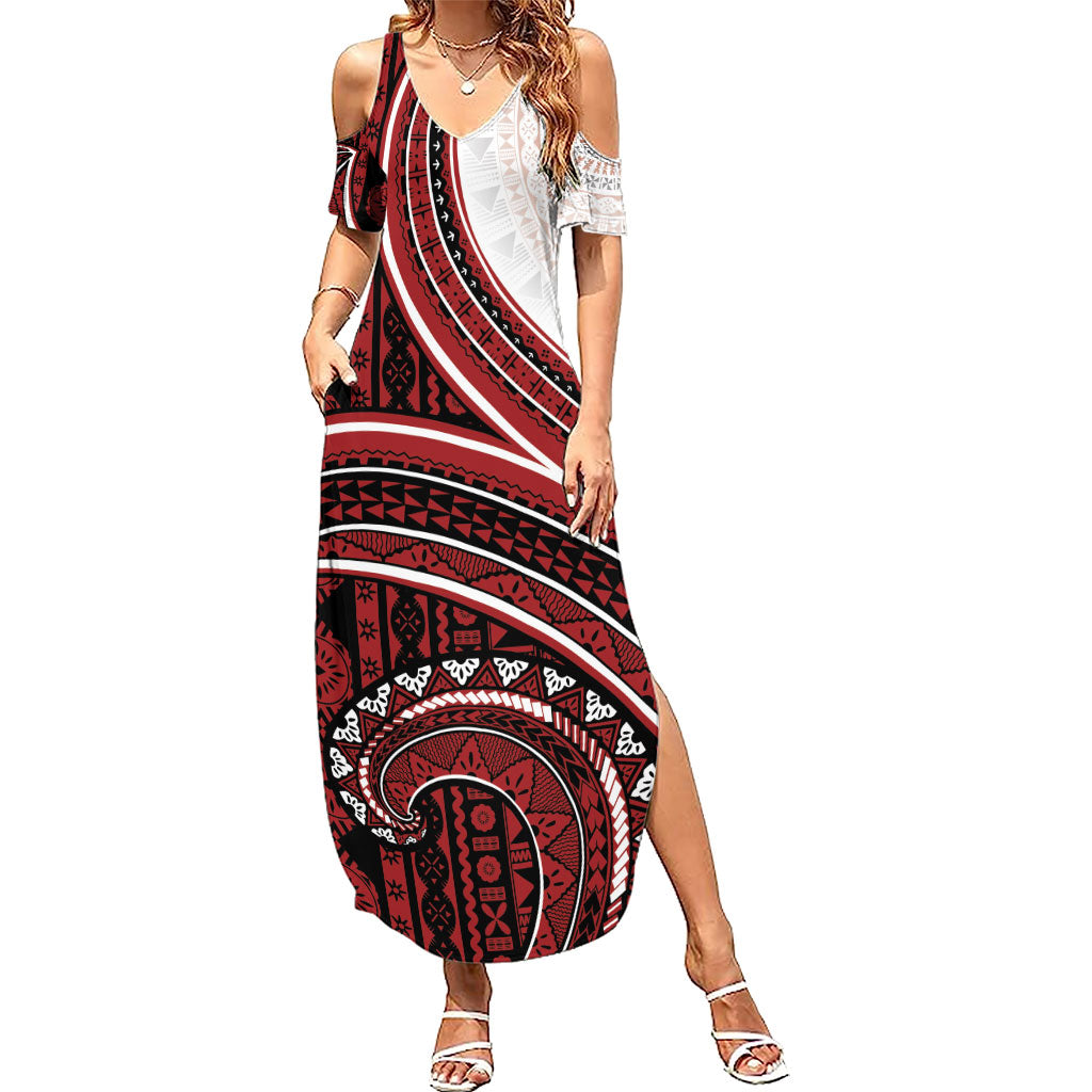Bula Fiji Vintage Tapa Family Matching Summer Maxi Dress and Hawaiian Shirt Kaivity Masi Wave Motifs - Red