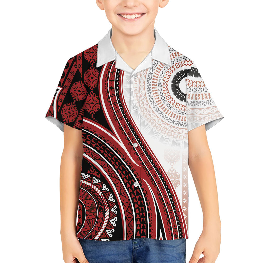 Bula Fiji Vintage Tapa Family Matching Tank Maxi Dress and Hawaiian Shirt Kaivity Masi Wave Motifs - Red