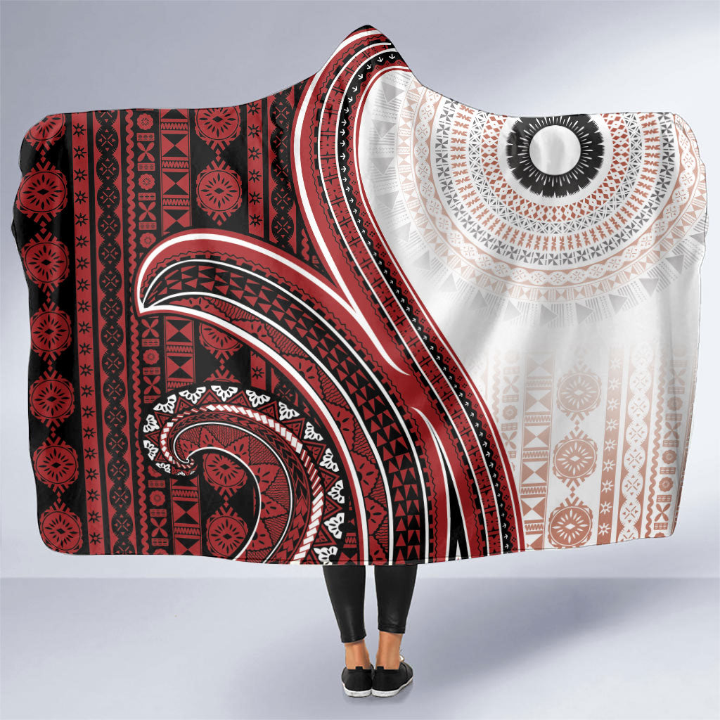 Bula Fiji Vintage Tapa Hooded Blanket Kaivity Masi Wave Motifs - Red LT7 One Size Red - Polynesian Pride