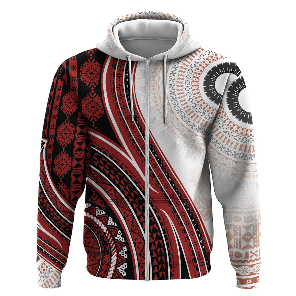 Bula Fiji Vintage Tapa Hoodie Kaivity Masi Wave Motifs - Red LT7 Zip Hoodie Red - Polynesian Pride