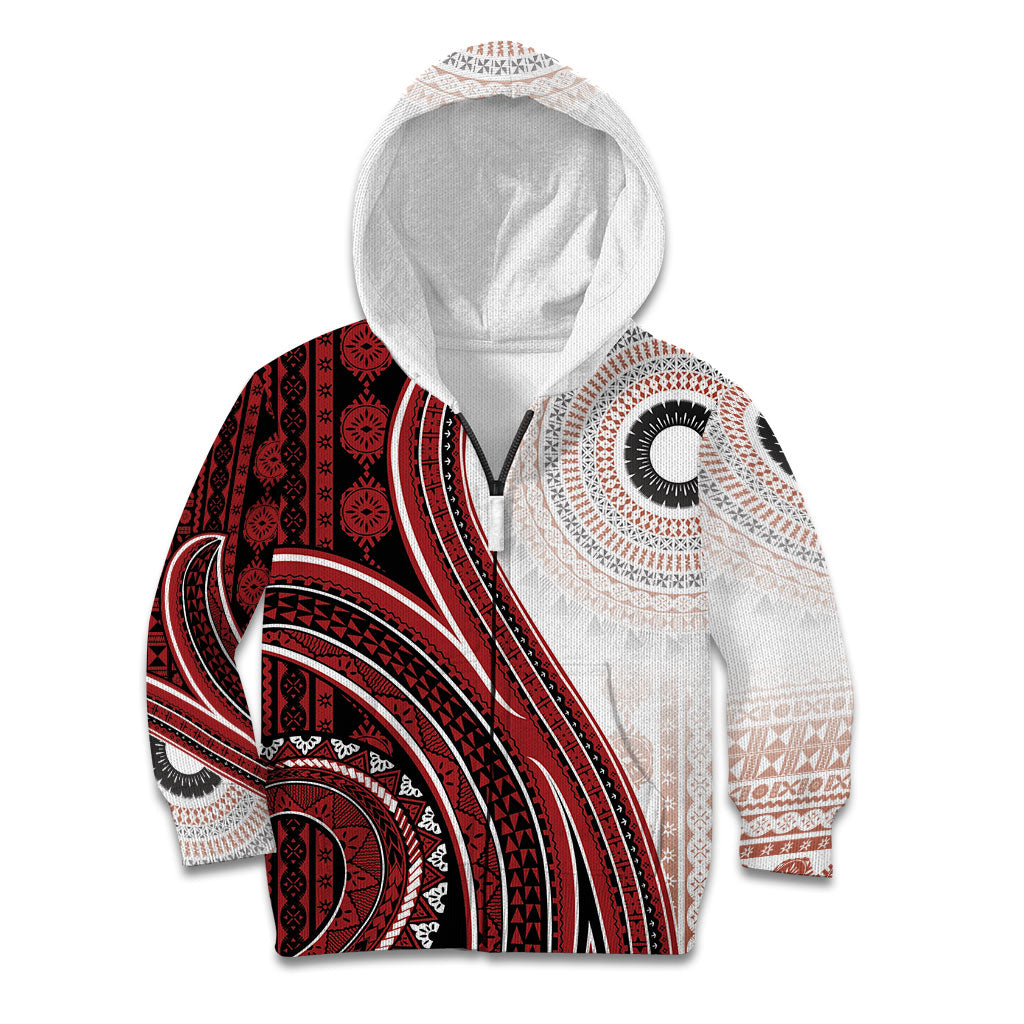 Bula Fiji Vintage Tapa Kid Hoodie Kaivity Masi Wave Motifs - Red LT7 Zip Hoodie Red - Polynesian Pride