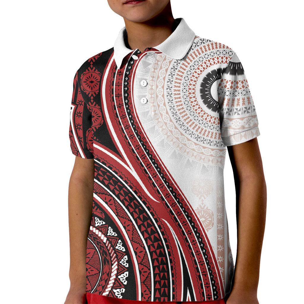 Bula Fiji Vintage Tapa Kid Polo Shirt Kaivity Masi Wave Motifs - Red LT7 Kid Red - Polynesian Pride