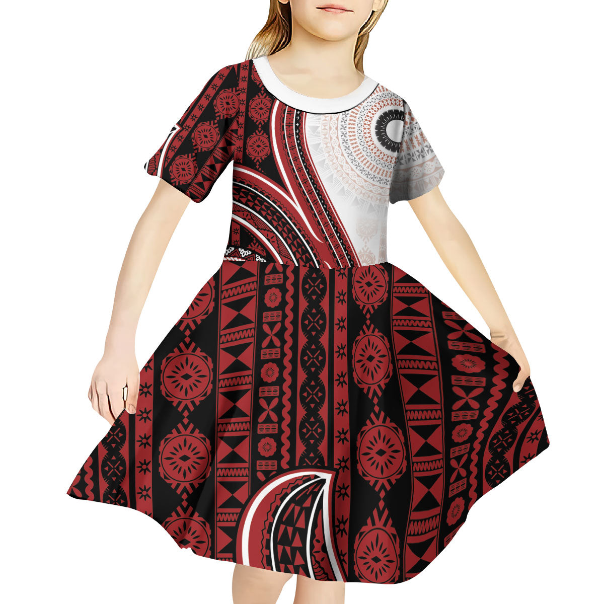 Bula Fiji Vintage Tapa Kid Short Sleeve Dress Kaivity Masi Wave Motifs - Red LT7 - Polynesian Pride