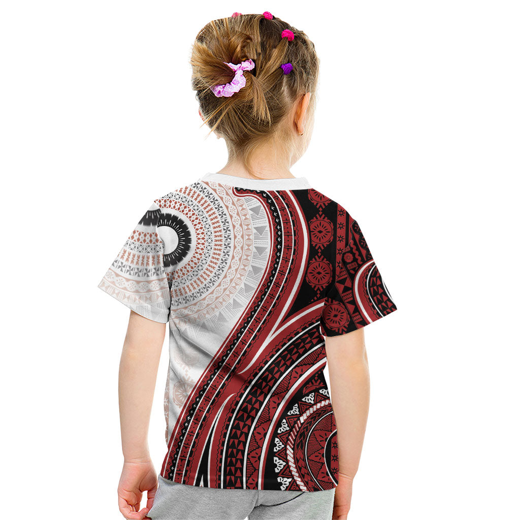 Bula Fiji Vintage Tapa Kid T Shirt Kaivity Masi Wave Motifs - Red LT7 - Polynesian Pride