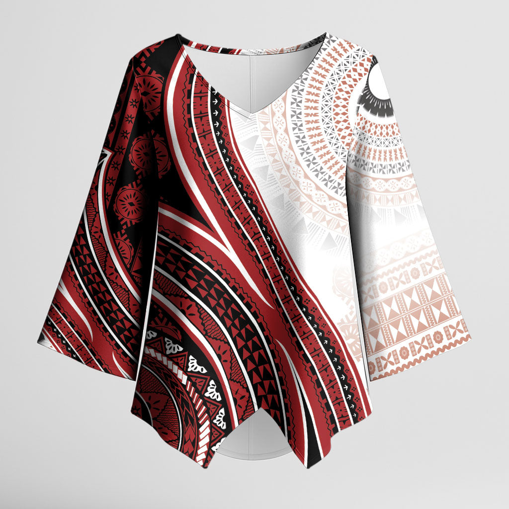 Bula Fiji Vintage Tapa Kimono Sleeve Blouse Kaivity Masi Wave Motifs - Red LT7 Female Red - Polynesian Pride