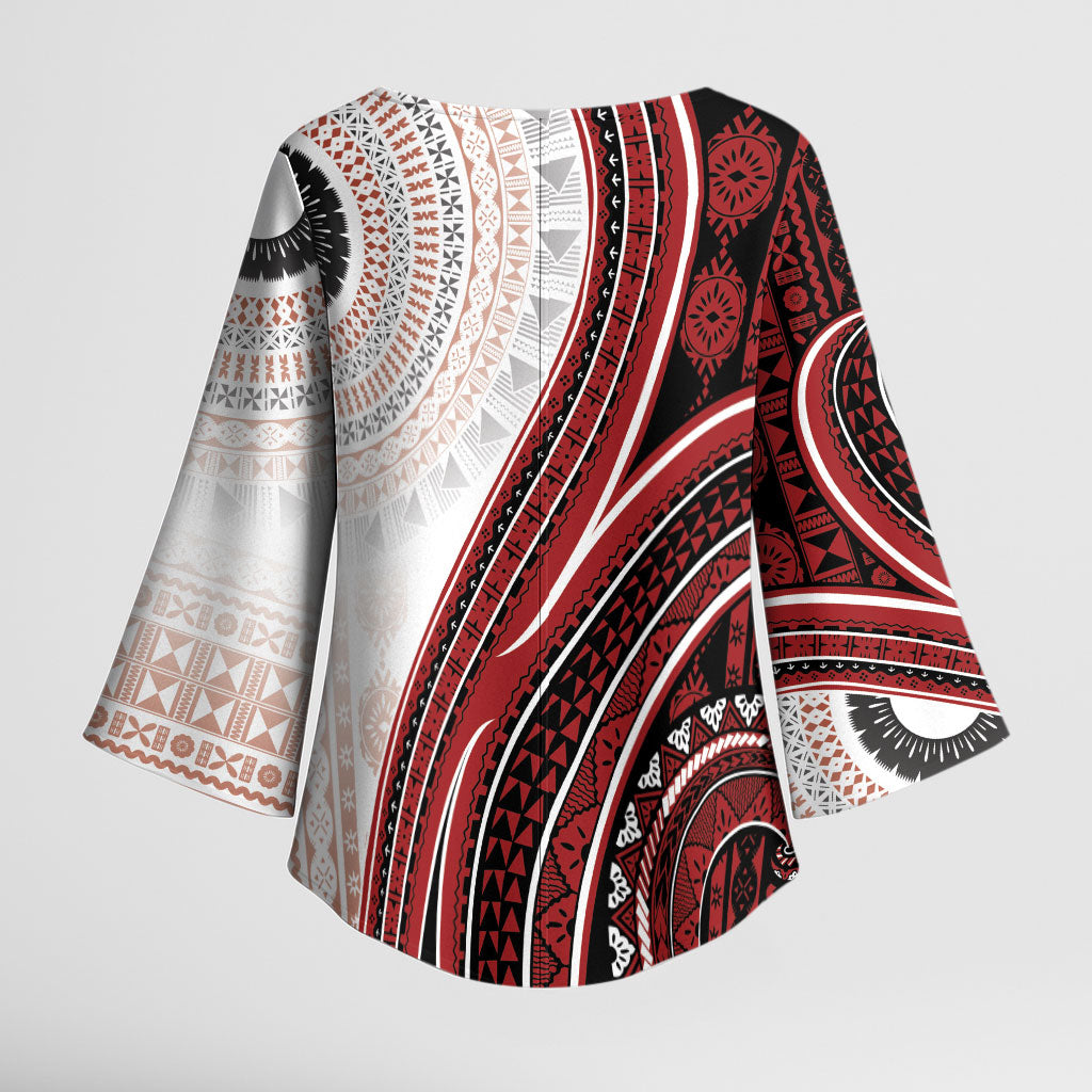 Bula Fiji Vintage Tapa Kimono Sleeve Blouse Kaivity Masi Wave Motifs - Red LT7 - Polynesian Pride
