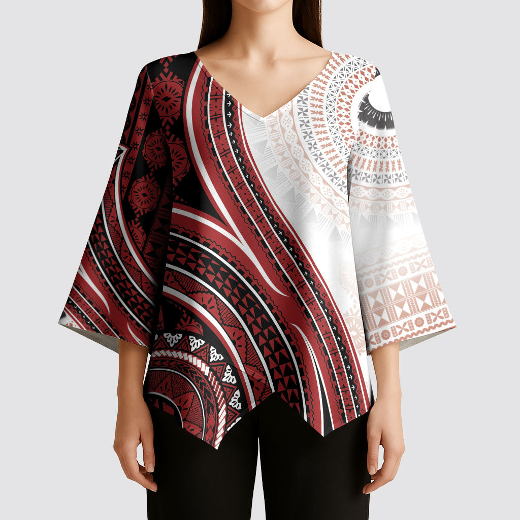 Bula Fiji Vintage Tapa Kimono Sleeve Blouse Kaivity Masi Wave Motifs - Red LT7 - Polynesian Pride