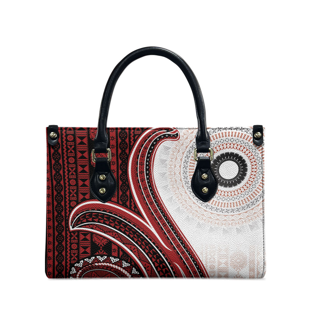 Bula Fiji Vintage Tapa Leather Bag Kaivity Masi Wave Motifs - Red LT7 - Polynesian Pride
