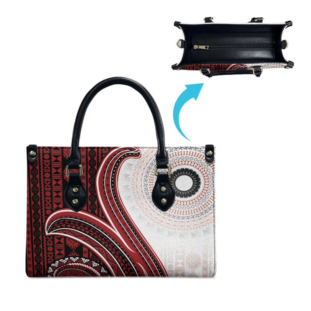 Bula Fiji Vintage Tapa Leather Bag Kaivity Masi Wave Motifs - Red LT7 - Polynesian Pride
