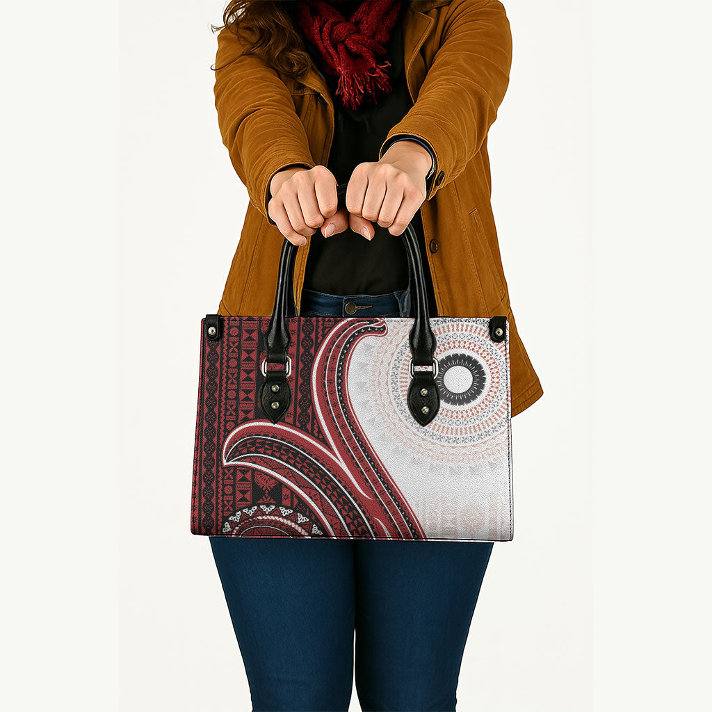 Bula Fiji Vintage Tapa Leather Bag Kaivity Masi Wave Motifs - Red LT7 - Polynesian Pride