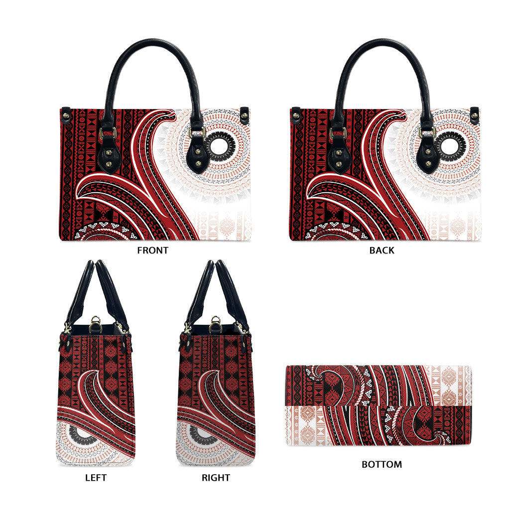 Bula Fiji Vintage Tapa Leather Bag Kaivity Masi Wave Motifs - Red LT7 - Polynesian Pride