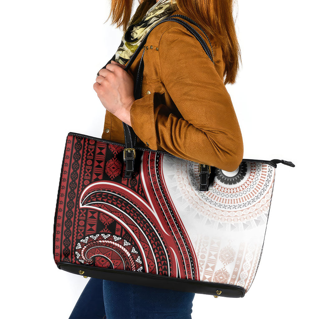Bula Fiji Vintage Tapa Leather Tote Bag Kaivity Masi Wave Motifs - Red LT7 Red - Polynesian Pride