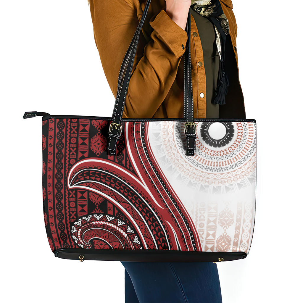 Bula Fiji Vintage Tapa Leather Tote Bag Kaivity Masi Wave Motifs - Red LT7 - Polynesian Pride