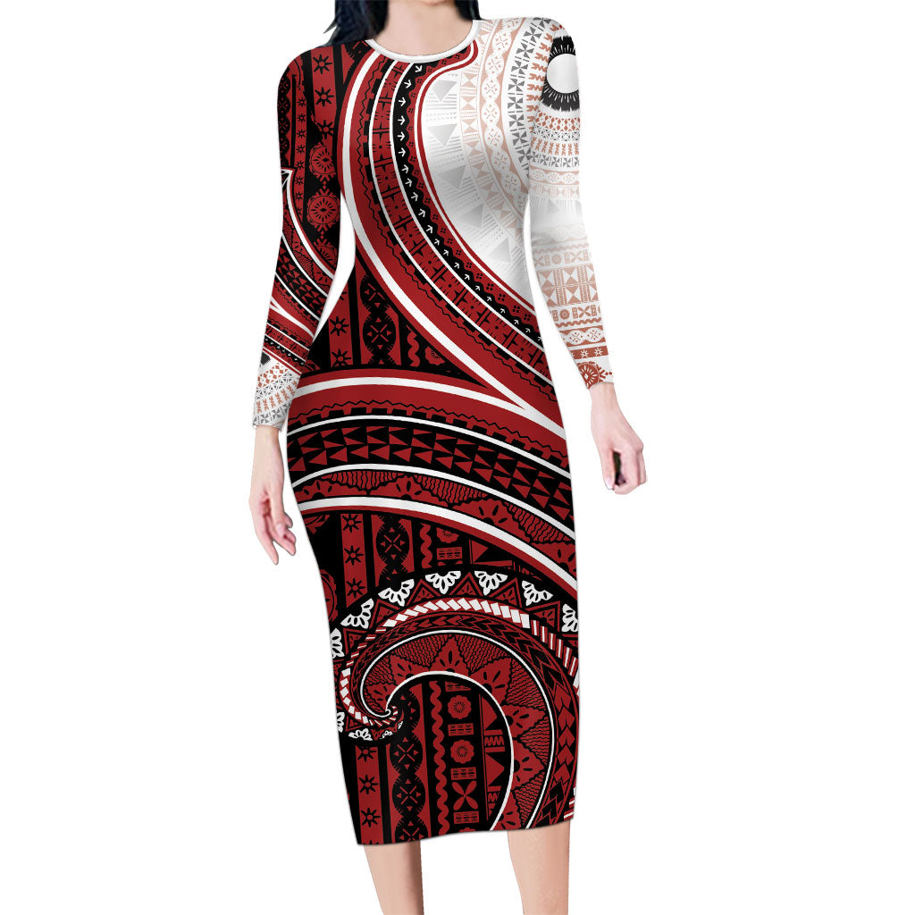 Bula Fiji Vintage Tapa Long Sleeve Bodycon Dress Kaivity Masi Wave Motifs - Red