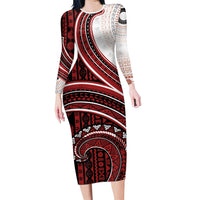 Bula Fiji Vintage Tapa Long Sleeve Bodycon Dress Kaivity Masi Wave Motifs - Red LT7 Long Dress Red - Polynesian Pride