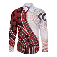 Bula Fiji Vintage Tapa Long Sleeve Button Shirt Kaivity Masi Wave Motifs - Red LT7 Unisex Red - Polynesian Pride