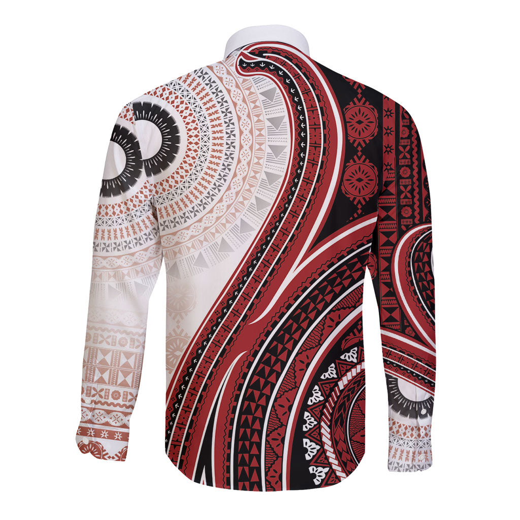 Bula Fiji Vintage Tapa Long Sleeve Button Shirt Kaivity Masi Wave Motifs - Red LT7 - Polynesian Pride