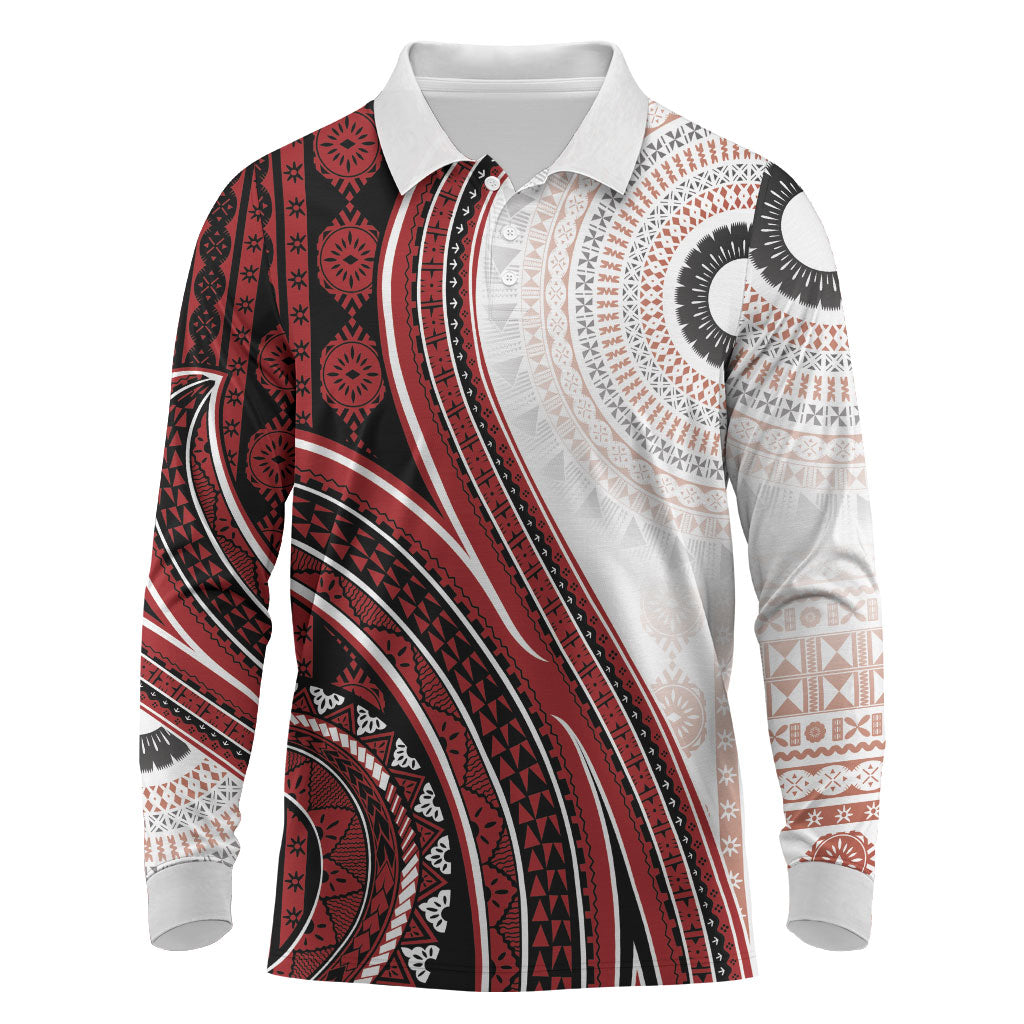 Bula Fiji Vintage Tapa Long Sleeve Polo Shirt Kaivity Masi Wave Motifs - Red