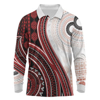 Bula Fiji Vintage Tapa Long Sleeve Polo Shirt Kaivity Masi Wave Motifs - Red