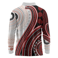 Bula Fiji Vintage Tapa Long Sleeve Polo Shirt Kaivity Masi Wave Motifs - Red