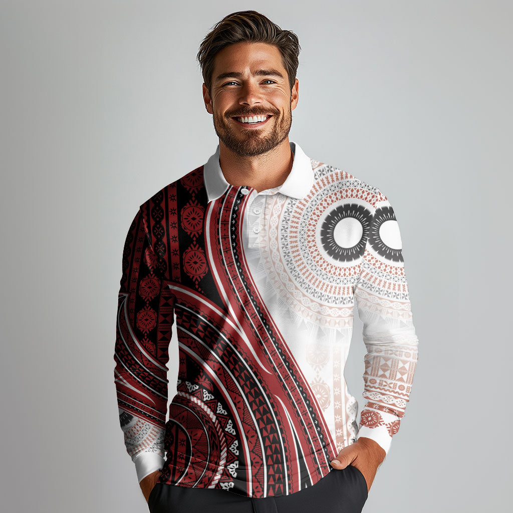Bula Fiji Vintage Tapa Long Sleeve Polo Shirt Kaivity Masi Wave Motifs - Red
