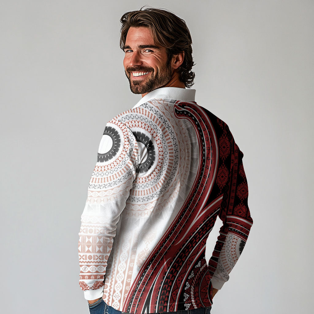 Bula Fiji Vintage Tapa Long Sleeve Polo Shirt Kaivity Masi Wave Motifs - Red