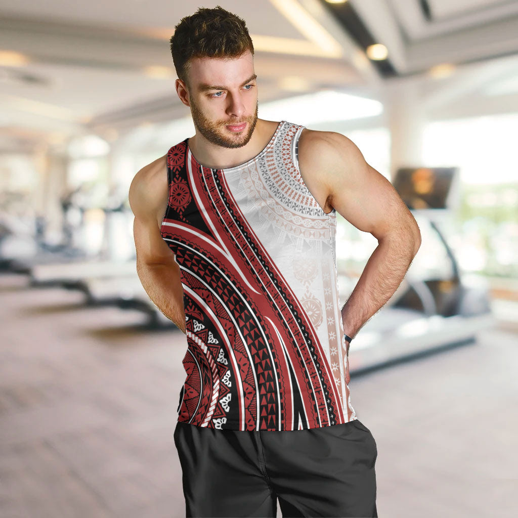 Bula Fiji Vintage Tapa Men Tank Top Kaivity Masi Wave Motifs - Red LT7 Red - Polynesian Pride