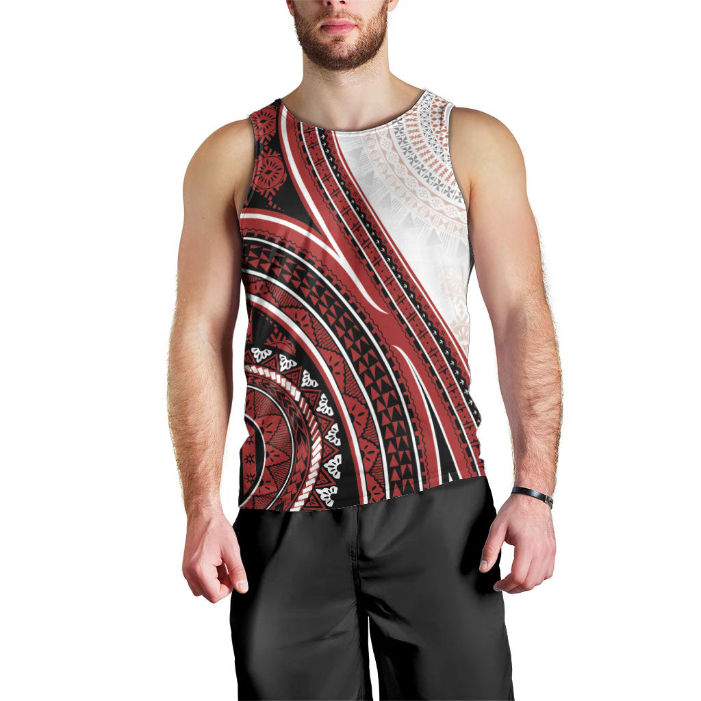 Bula Fiji Vintage Tapa Men Tank Top Kaivity Masi Wave Motifs - Red LT7 - Polynesian Pride