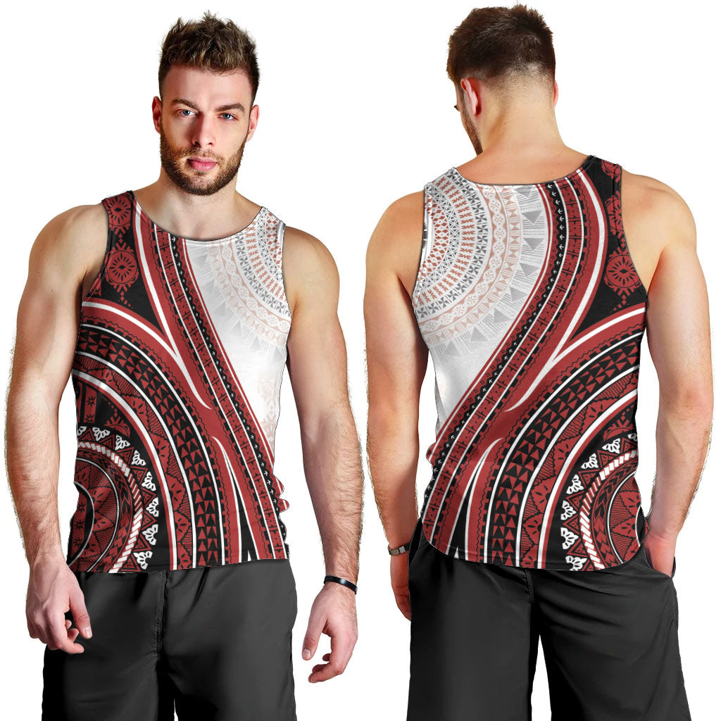 Bula Fiji Vintage Tapa Men Tank Top Kaivity Masi Wave Motifs - Red LT7 - Polynesian Pride