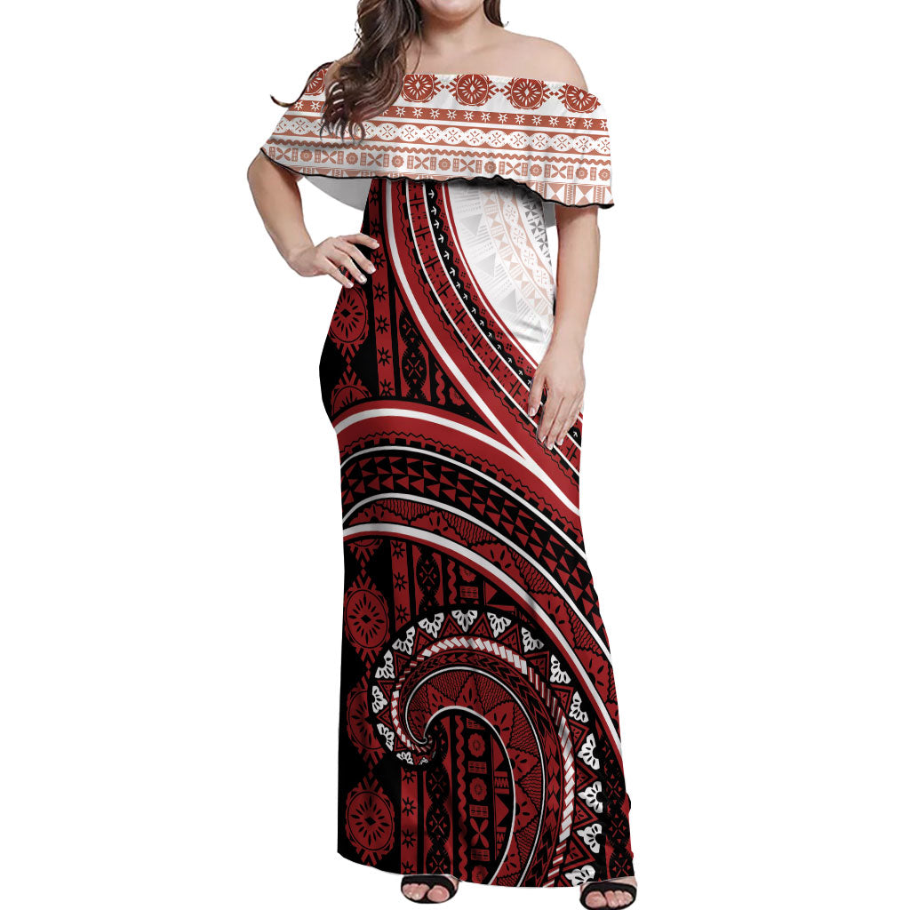 Bula Fiji Vintage Tapa Off Shoulder Maxi Dress Kaivity Masi Wave Motifs - Red
