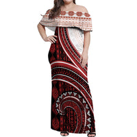 Bula Fiji Vintage Tapa Off Shoulder Maxi Dress Kaivity Masi Wave Motifs - Red