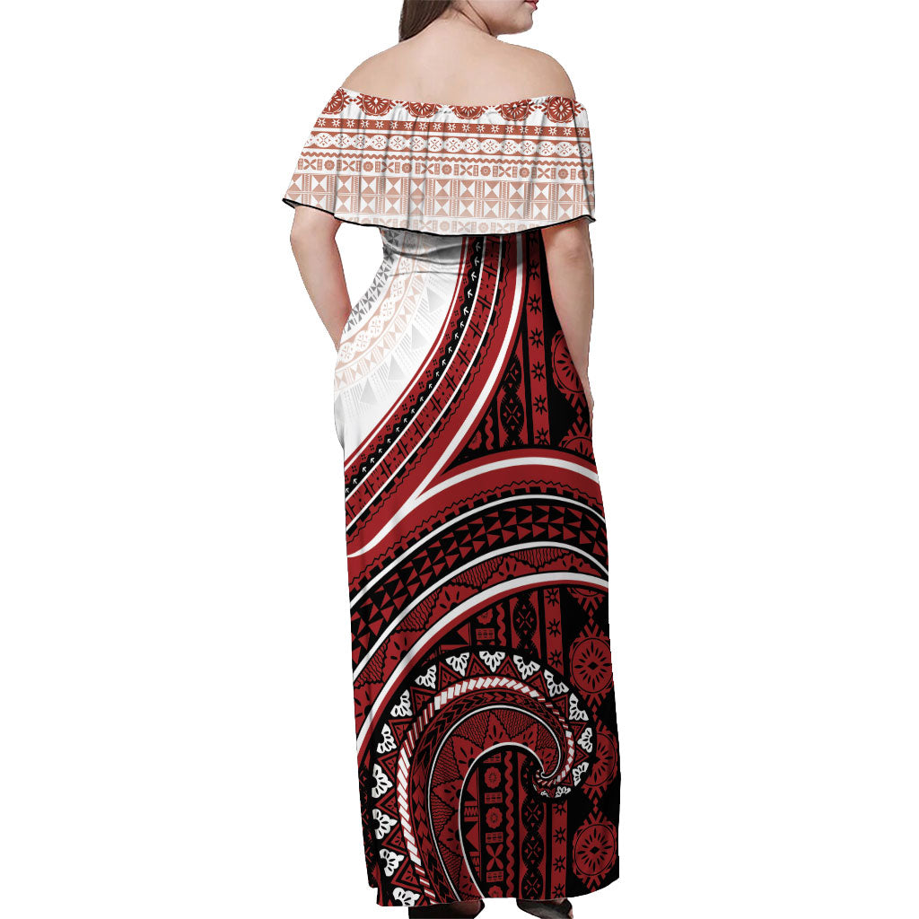Bula Fiji Vintage Tapa Off Shoulder Maxi Dress Kaivity Masi Wave Motifs - Red
