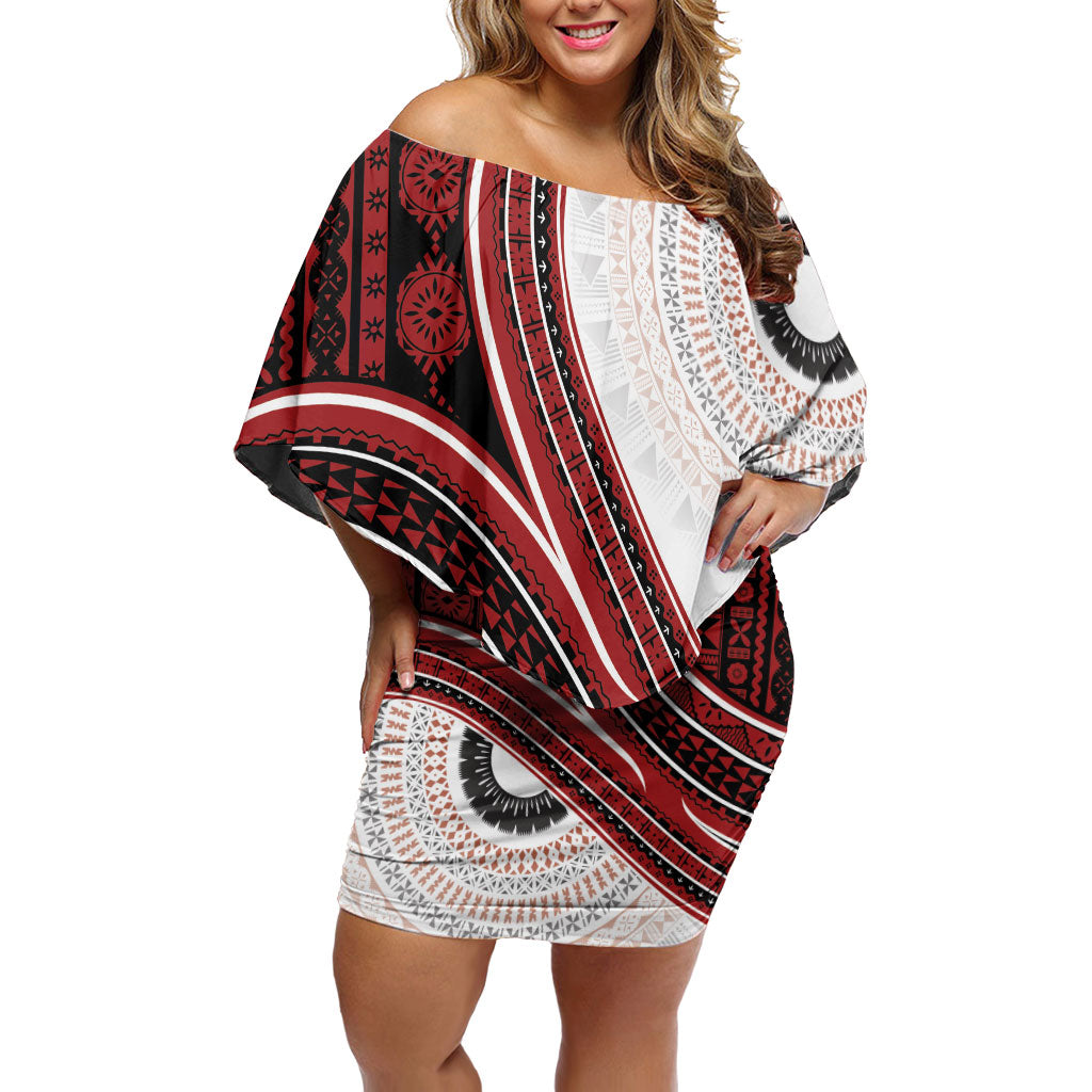 Bula Fiji Vintage Tapa Off Shoulder Short Dress Kaivity Masi Wave Motifs - Red