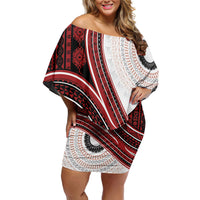 Bula Fiji Vintage Tapa Off Shoulder Short Dress Kaivity Masi Wave Motifs - Red