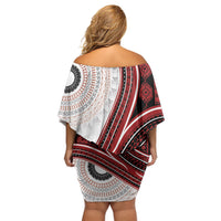 Bula Fiji Vintage Tapa Off Shoulder Short Dress Kaivity Masi Wave Motifs - Red