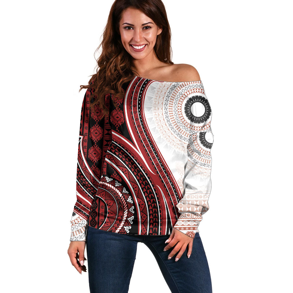Bula Fiji Vintage Tapa Off Shoulder Sweater Kaivity Masi Wave Motifs - Red LT7 Women Red - Polynesian Pride