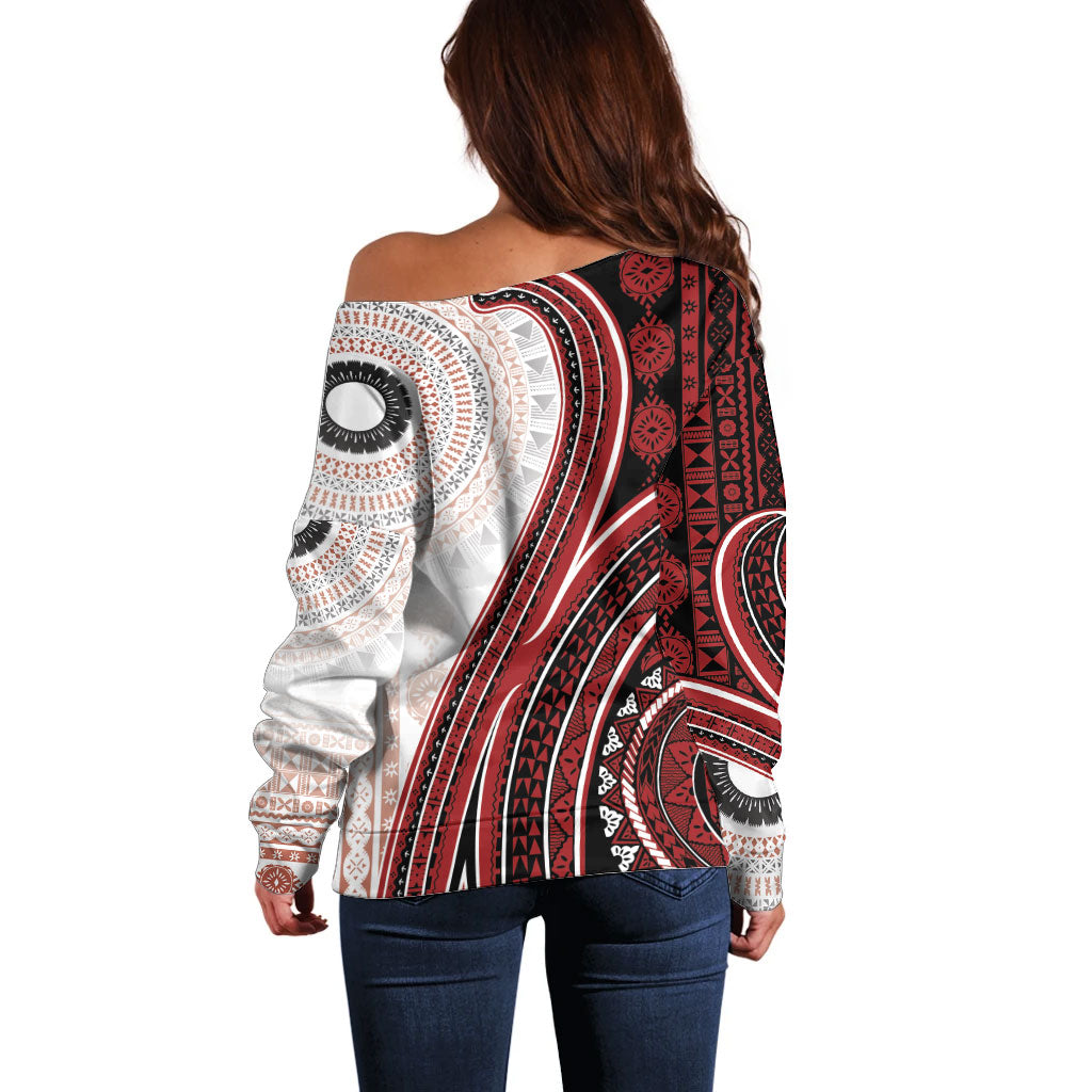 Bula Fiji Vintage Tapa Off Shoulder Sweater Kaivity Masi Wave Motifs - Red LT7 - Polynesian Pride