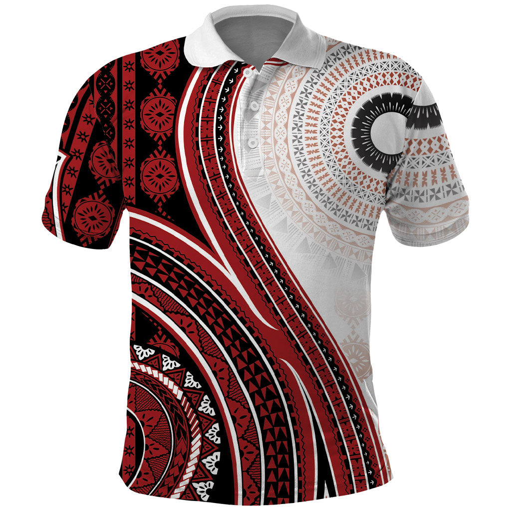 Bula Fiji Vintage Tapa Polo Shirt Kaivity Masi Wave Motifs - Red