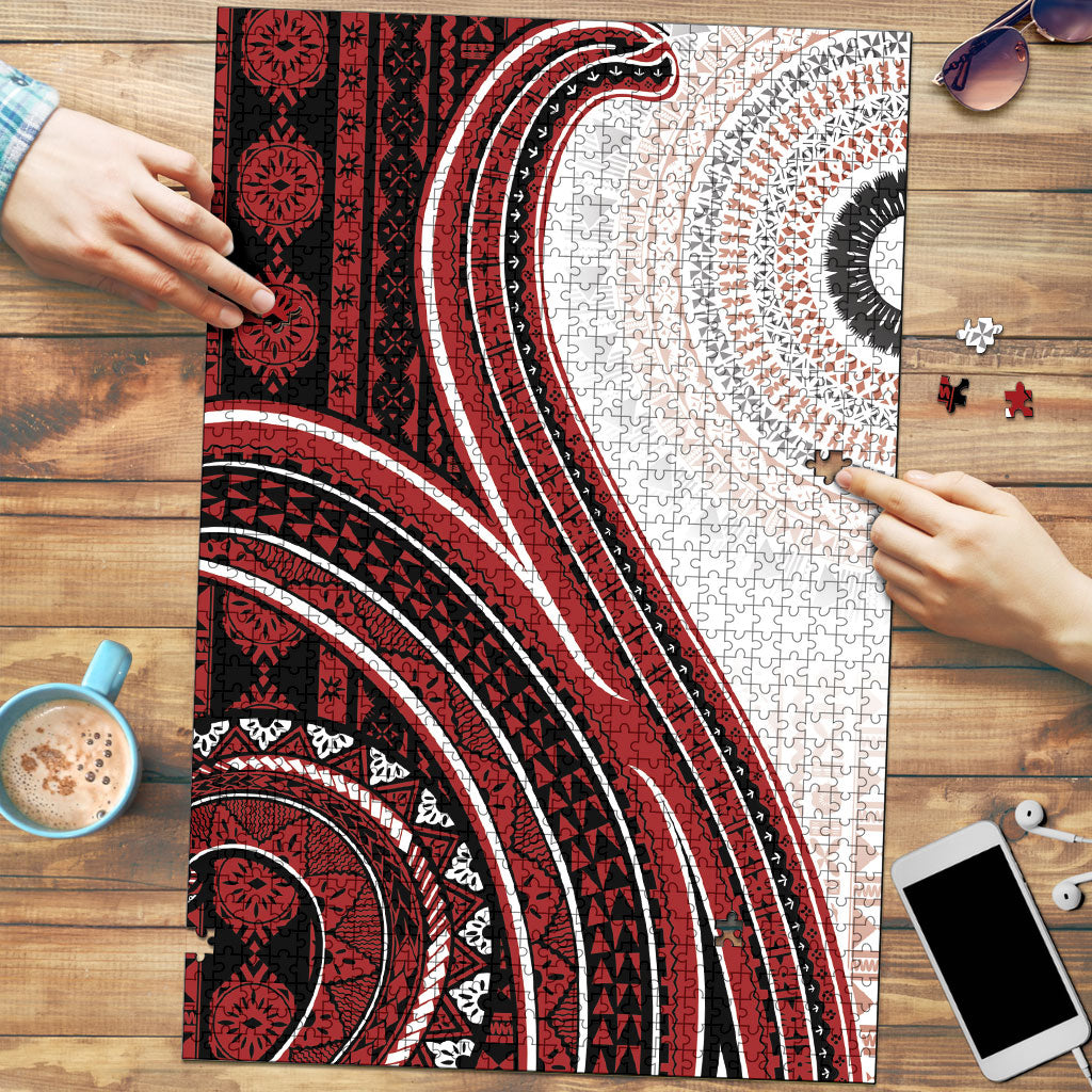 Bula Fiji Vintage Tapa Puzzle Kaivity Masi Wave Motifs - Red