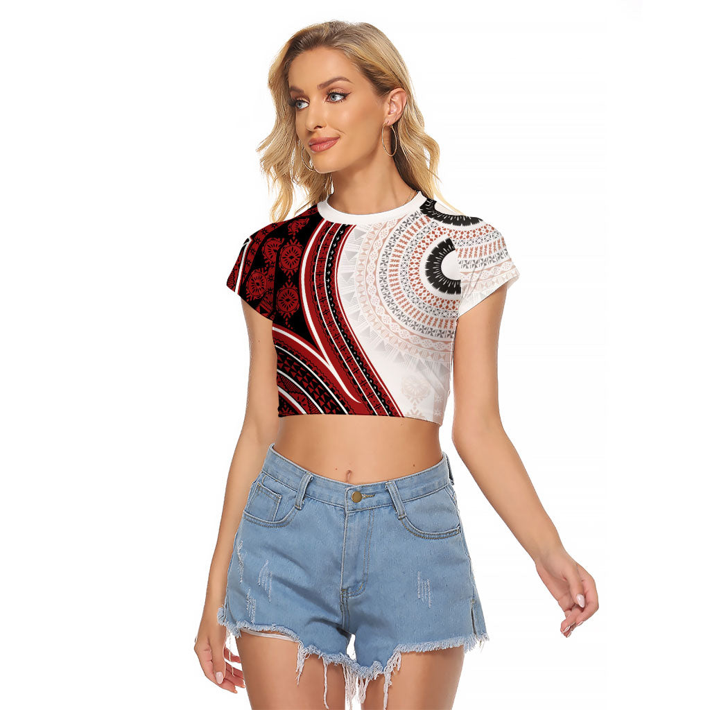Bula Fiji Vintage Tapa Raglan Cropped T Shirt Kaivity Masi Wave Motifs - Red LT7 Female Red - Polynesian Pride