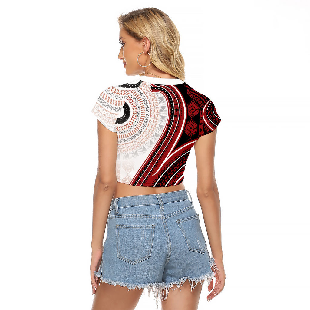 Bula Fiji Vintage Tapa Raglan Cropped T Shirt Kaivity Masi Wave Motifs - Red LT7 - Polynesian Pride
