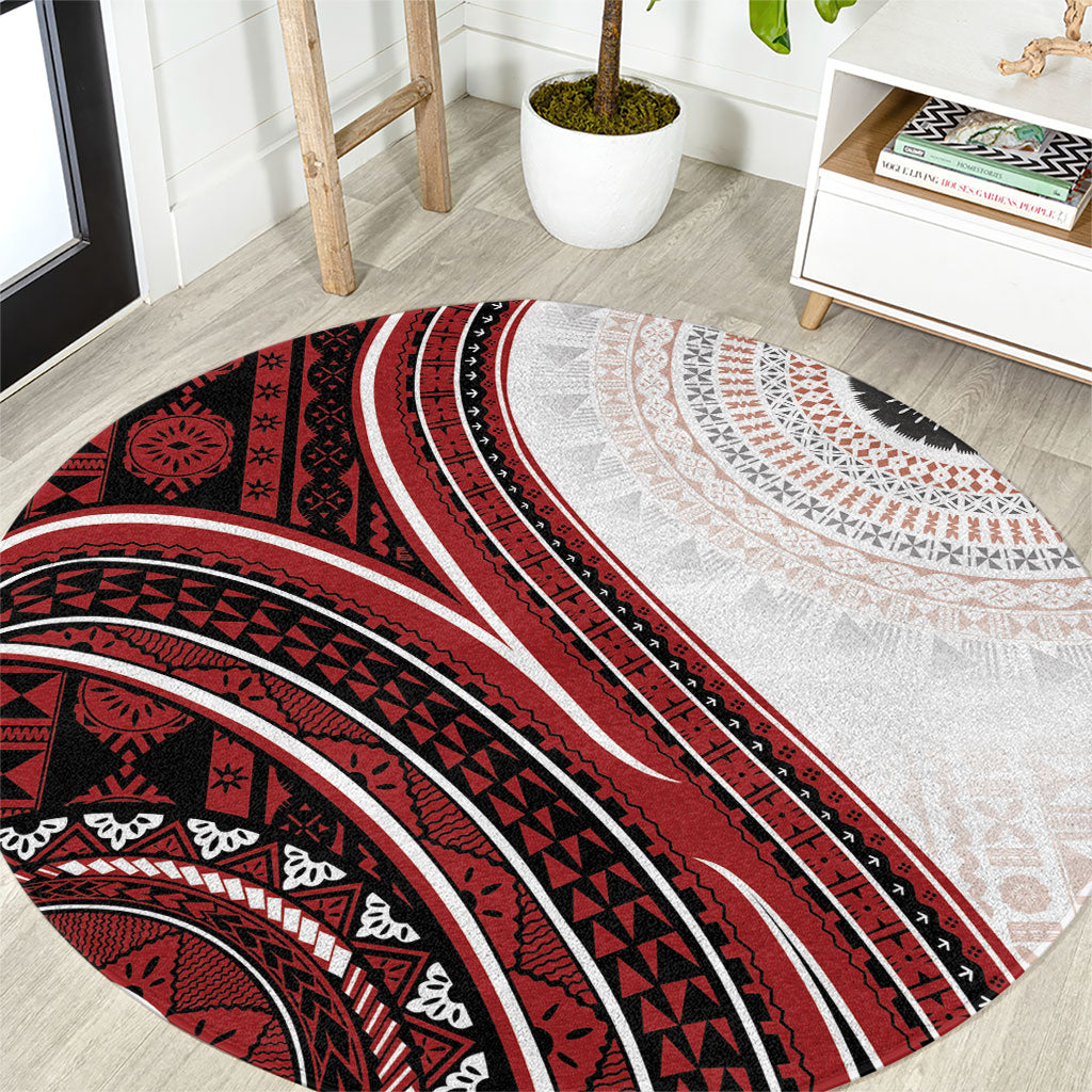 Bula Fiji Vintage Tapa Round Carpet Kaivity Masi Wave Motifs - Red