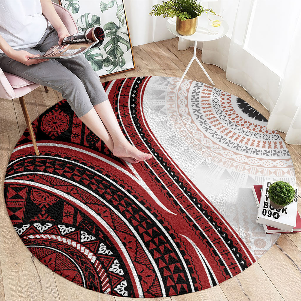 Bula Fiji Vintage Tapa Round Carpet Kaivity Masi Wave Motifs - Red