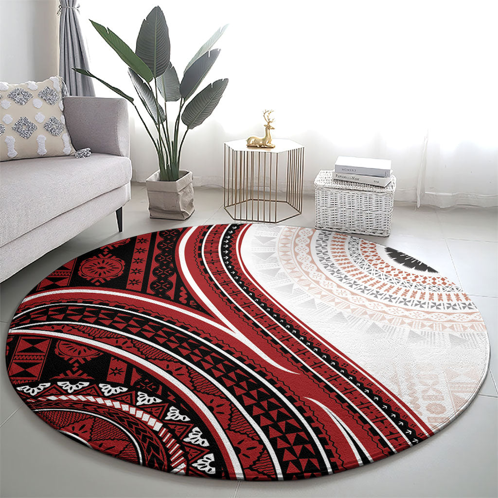 Bula Fiji Vintage Tapa Round Carpet Kaivity Masi Wave Motifs - Red